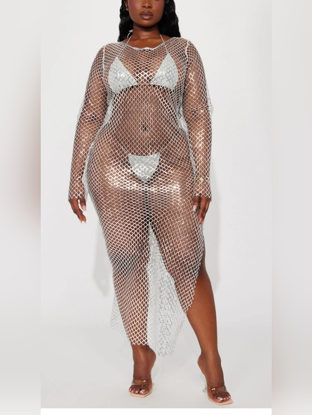 silver rhinestone embellished sheer long-sleeve mesh dress.